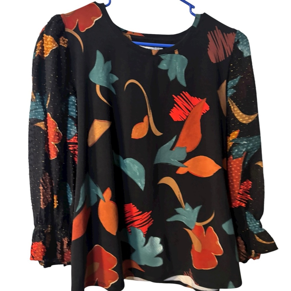 Chico’s Artsy Boho Black Floral crinkle textured 3/4 sleeves Pullover Top XL